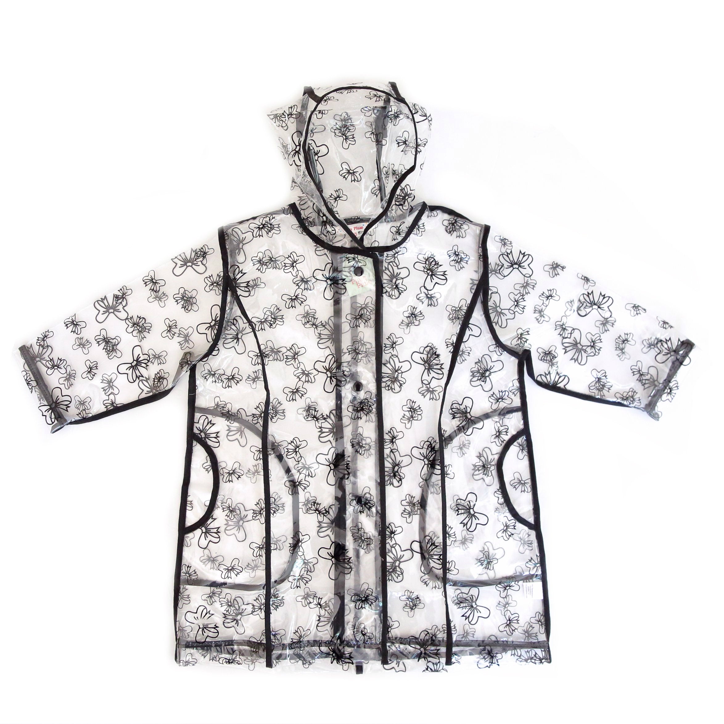 Transparent Raincoat with Black Trim and Bow Print Pluie Pluie Transparent Raincoat with Black Trim and Bow Print